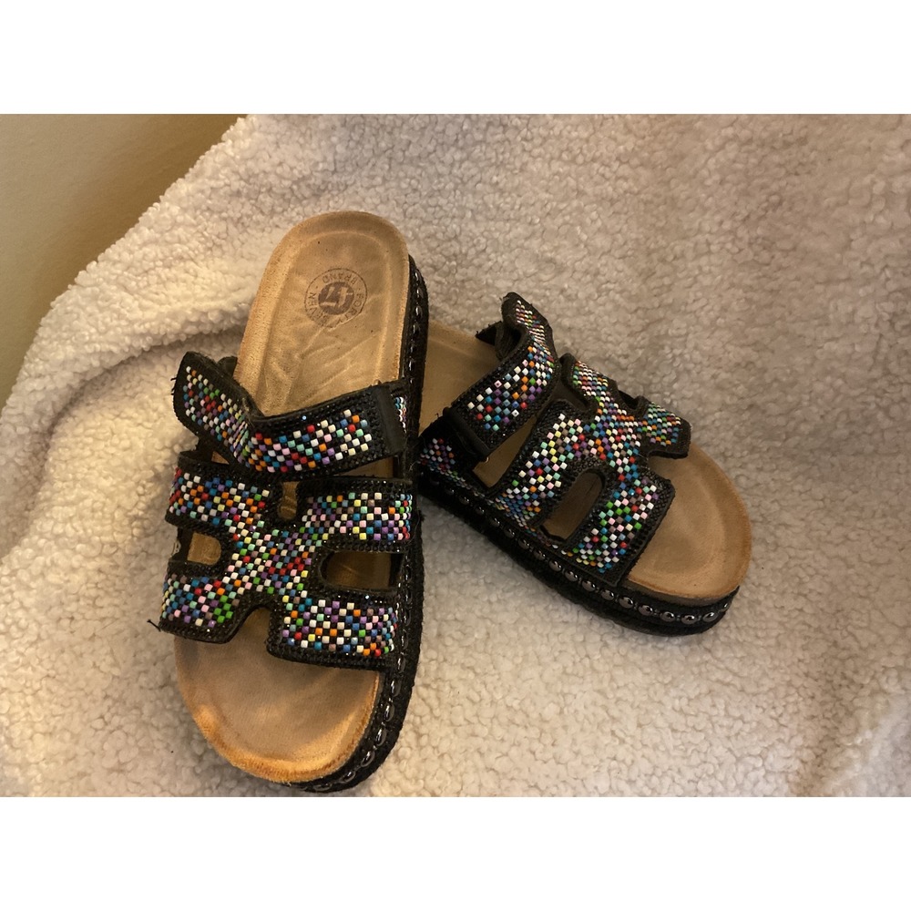 Forty Seven Brand Womens Multi Color Beaded H-Strap Slide Sandals Black Platform